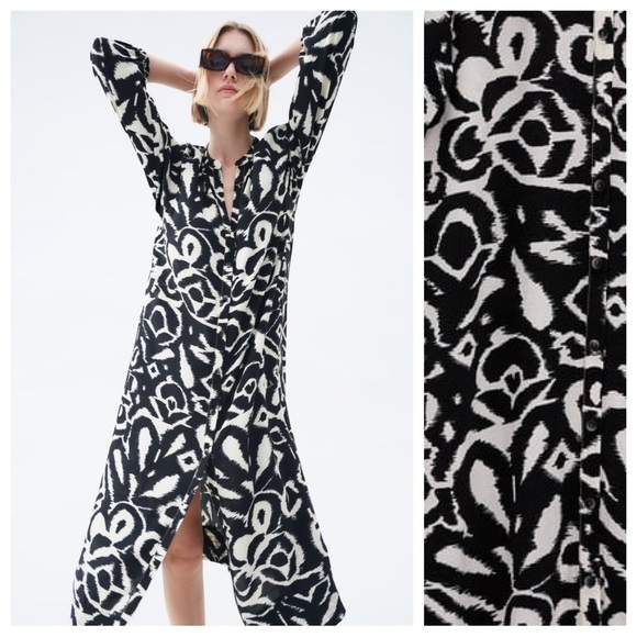 NWOT Zara Navy Blue/White Printed Midi Dress with Decorative Stitch. Size S. - Picture 2 of 10